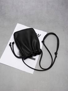 迷你时尚简约软质抽绳斜挎包，方形，多功能时尚PU软轻手机袋，水桶包，纯色防水 - 黑色 - 查看 3