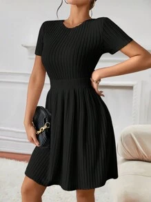 Vestido línea A unicolor ,vestidos elegantes para mujer moda,vestidos de manga corta de fiesta para mujer sexy,casual salir elegante elástico moda ropa - Negro - Ver 4