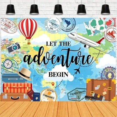 Adventure Travel Backdrop, Let's Start The Adventure! World Map Photography Background, Travel Theme Party Banner Decoration