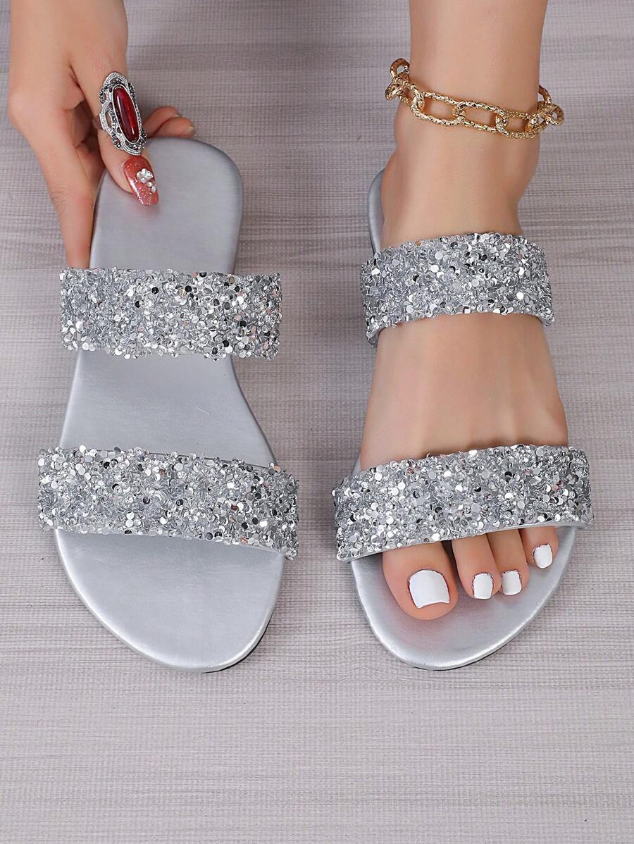 女士水钻双带圆头平底凉鞋 - 时尚优雅彩色平底凉鞋，适合女士、休闲、沙滩、居家、户外、派对、银色凉鞋