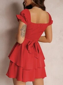 Women's Mini A-Line Dress Solid Color Ruffled Sleeves Square Neck Layered Hem Dress - 紅色 - 查看 6