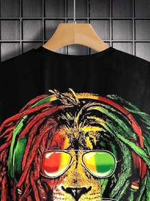 Men's Lion Print Round Neck Sleeveless Tank Top - Black - View 3