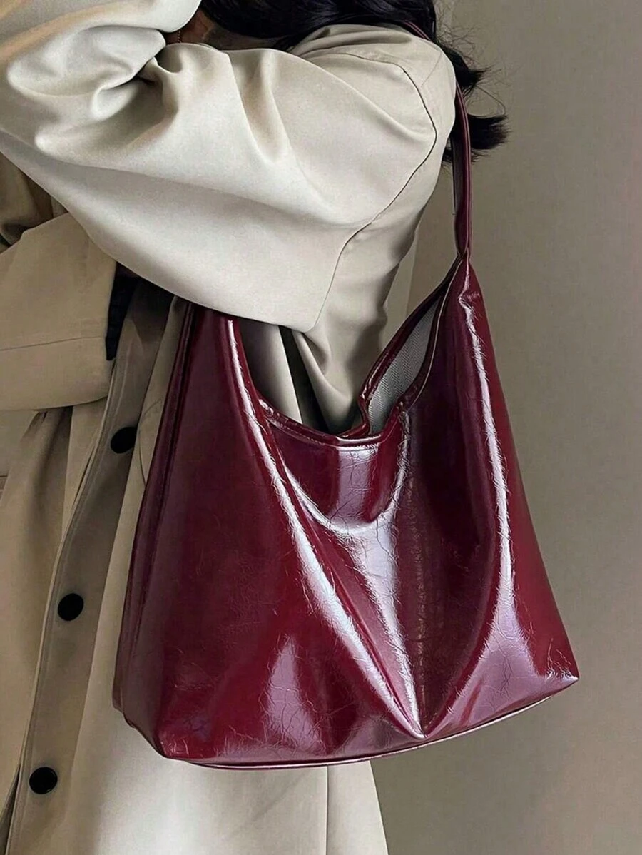 女士复古简约纯色酒红色仿油蜡裂纹皮革轻便大容量云褶单肩包、斜挎包、女士休闲手提包，适合通勤、工作、街头和派对，时尚勃艮第包 Charry 红色包酒红色包