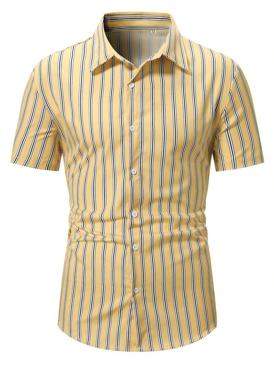 Men's Casual Striped Short Sleeve Shirt, Spring/Summer - Yellow - View 1