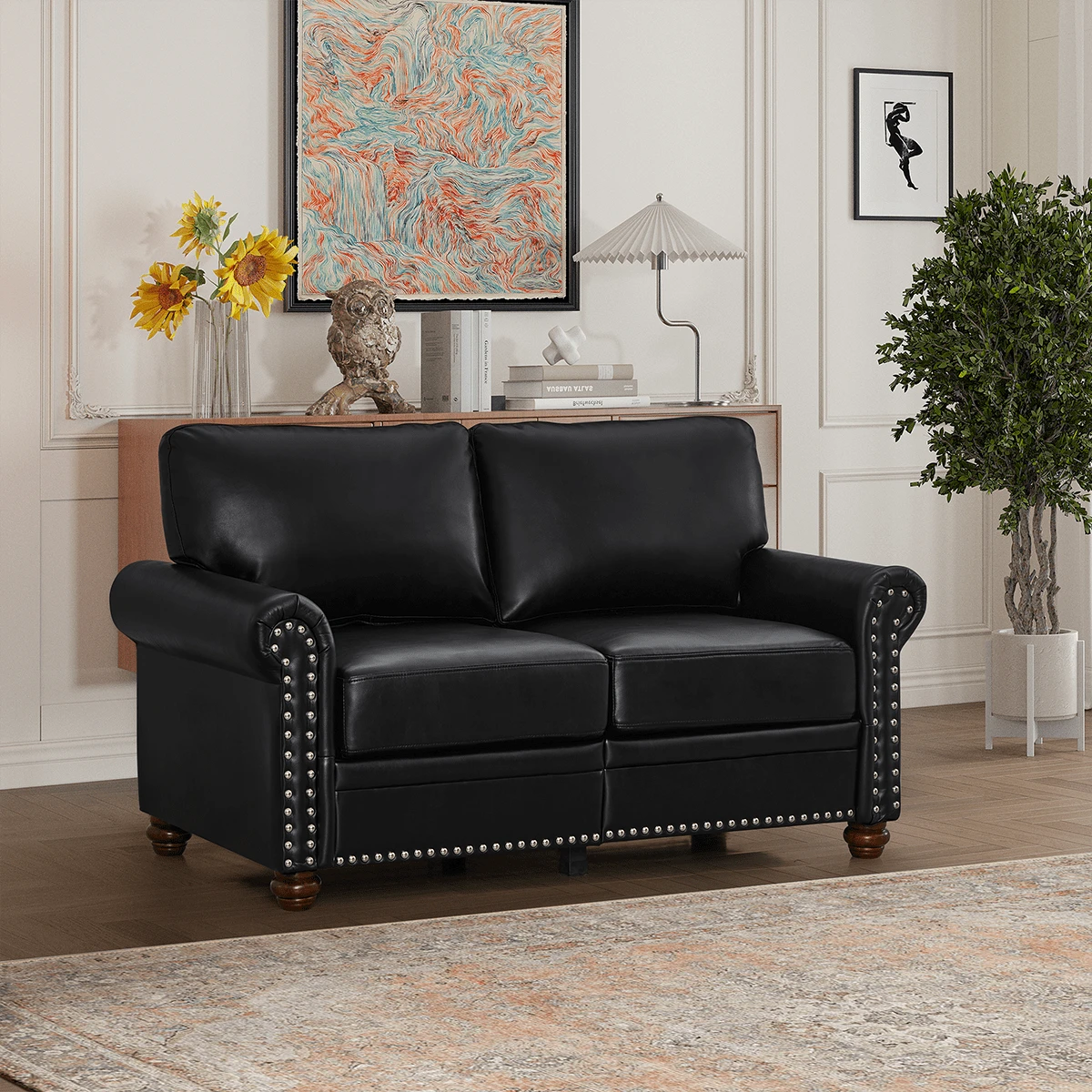 Classic Living Room Sofa Loveseat Sofa Couch With Armrest And Wood Legs, Upholstered PU Leather Sofa With Silver Nails Decoration, Mid Century Modern Sofas Couches For Bedroom Office - 黑色 - 查看 1