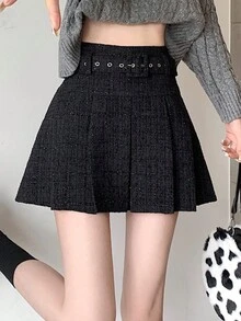 Women Pleated A-Line Mini Skirt, Versatile, Slim Fit, Autumn/Winter New Arrival - Black - View 3