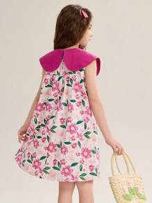 ASK JUNIOR Sukienka imprezowa dla dziewczynek z nadrukiem kwiatowym, bez rękawów, w stylu księżniczki, oddychająca i modna z kołnierzykiem kokardkowym - Wyrazisty róż - Zobacz 5
