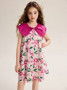 ASK JUNIOR Sukienka imprezowa dla dziewczynek z nadrukiem kwiatowym, bez rękawów, w stylu księżniczki, oddychająca i modna z kołnierzykiem kokardkowym - Wyrazisty róż - Zobacz 8