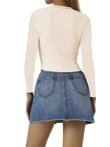 Women Short Top Shirt, Long Sleeve Patchwork Ribbed Front Button V-Neck Cropped Tops, Slim Navel Shirt - 杏色 - 查看 5