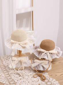 2pcs/Set Girl Hat And Bag, Summer New Cute Princess Pearl Mesh Bowknot Princess Sun Hat Bag Set, Suitable For Outings, Beach, Daily Wear