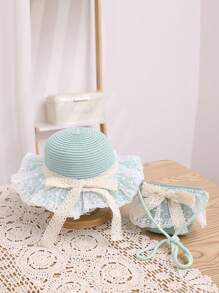 2pcs/Set Girl Hat And Bag, Summer New Cute Princess Pearl Mesh Bowknot Princess Sun Hat Bag Set, Suitable For Outings, Beach, Daily Wear