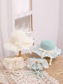2pcs/Set Girl Hat And Bag, Summer New Cute Princess Pearl Mesh Bowknot Princess Sun Hat Bag Set, Suitable For Outings, Beach, Daily Wear