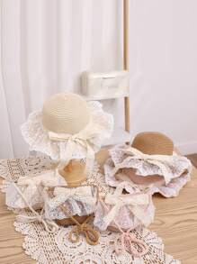 2pcs/Set Girl Hat And Bag, Summer New Cute Princess Pearl Mesh Bowknot Princess Sun Hat Bag Set, Suitable For Outings, Beach, Daily Wear