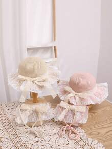 2pcs/Set Girl Hat And Bag, Summer New Cute Princess Pearl Mesh Bowknot Princess Sun Hat Bag Set, Suitable For Outings, Beach, Daily Wear
