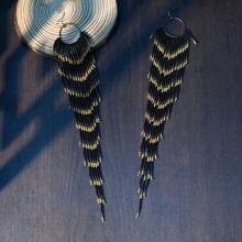 Long Beaded Tassel Earrings, Black Gold Seed Bead String Earrings, Bohemian Style Handmade Glass Bead Woven Women Jewelry Pendant, Suitable For Daily Wear And Holiday Gifts