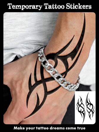 1 Sheets Big Size Body Art Temporary Tattoo Stickers For Men, Black Old School Y2k Line Belly Waist Totem Style Pattern, Waterproof Fake Tattoo, Lasts 2-5 Days, Covering Scars, Can Be Used On Arms Wrist Shoulders Legs Waist Neck Hand Chest Thighs Finger Ankle, Suitable For Parties, Gifts, Vacations, Body Decoration