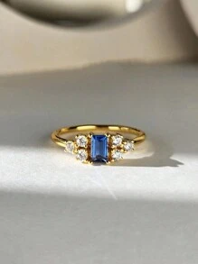 1 pieza Anillo de estilo vintage de plata de ley 925 con zirconia cúbica azul rectangular, regalo de joyería elegante para mujeres, adecuado para uso diario, fiestas y festivales