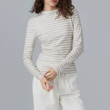 Camisetas de manga larga para mujer, camisas de rayas con cuello redondo, blusas informales ajustadas de primavera, ropa de calle