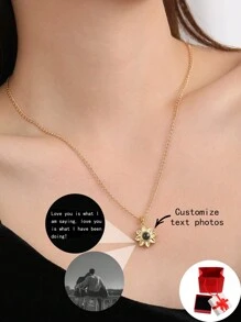 Customized Necklace, Simple & Fashionable Sunflower Pendant Necklace, "I Love You" In 100 Languages Projection Necklace, Custom Engraved Movie-Themed Black & White Photo, Family, Couple, Pet Motto, Suitable For Girlfriend, Mom, Best Friend, Daily Wear - Gold - View 1