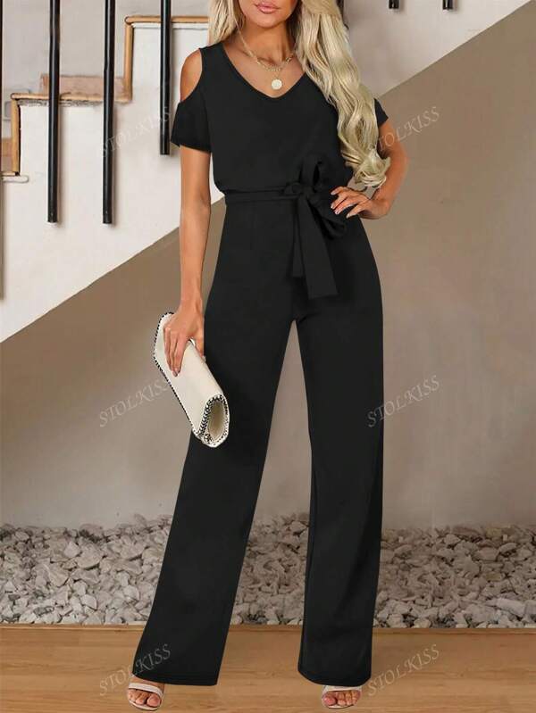Solid Color V-Neck Waist Cinching Jumpsuit With Belt
