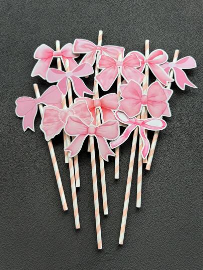 24 件粉色蝴蝶结装饰吸管适用于生日派对婚礼节日派对粉色生日派对装饰品，蝴蝶结生日单身婚礼派对装饰品，粉色蝴蝶结饮料粉碎照片道具