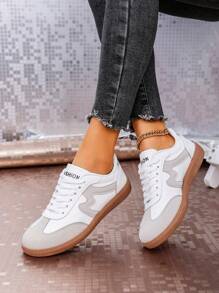Damen Frühling/Herbst Lässig Trainer, Veloursleder Patchwork Multifunktions Mode Sneaker, flache Schnürschuhe mit runder Zehenkappe und Gummisohle, Retro Farbblock Schuhe, Alltags Weiße Sneaker - Grau - Übersicht 6
