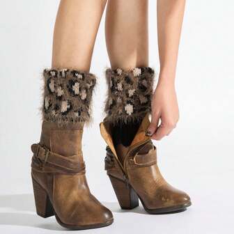 ขนาดพลัสและขนาดพลัส ขาวาร์มถักเทียมขนสัตว์ ขาวาร์มเทียมฟลีซอุ่นหุ้มขา ขาวาร์มพิมพ์ลายเสือดาว ขนนกข้อเท้าสั้น