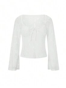 Blusa corta de encaje floral transparente para mujer, manga larga, escote corazón, lazo frontal, ropa de club - Blanco - Ver 1