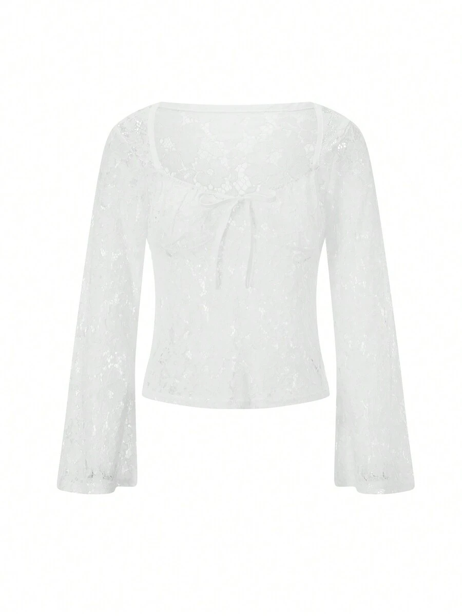 Blusa corta de encaje floral transparente para mujer, manga larga, escote corazón, lazo frontal, ropa de club - Blanco - Ver 1