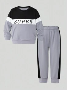 Young Boys Casual And Fashionable Black And White Grey Round Neck Long Sleeved Letter Printed Sportswear And Jogging Pants Set, Suitable For Daily Wear, Vacation And Sports, Suitable For Children To Wear In Spring And Autumn 2 Pieces Set - Grey - View 2