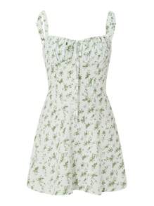 Women's Floral Corset Mini Dress Summer Boho Square Neck Sleeveless Lace-Up Equipped Bustier Dress Spaghetti Strap Flowy Sundress - Green - View 5