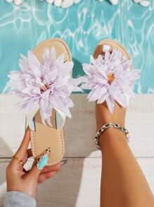 女士夏季新款花卉平底凉鞋 - 紫色 - 查看 1