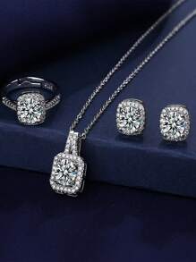3pcs Set: Faux Sparkling Moissanite Necklace, Earrings And Pendant Jewelry For Women - Multicolor - View 3
