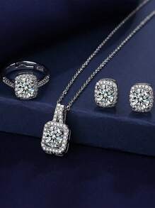 3pcs Set: Faux Sparkling Moissanite Necklace, Earrings And Pendant Jewelry For Women - Multicolor - View 2