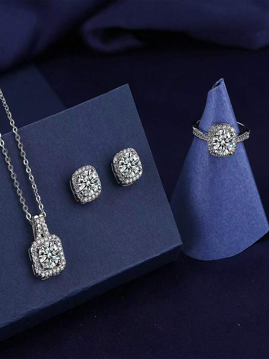 3pcs Set: Faux Sparkling Moissanite Necklace, Earrings And Pendant Jewelry For Women - Multicolor - View 1