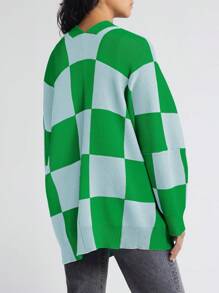 Womens Checkered Sweater Color Block Plaid Oversized Cardigan Long Sleeve V Neck Button Down Knit Coats - Green - View 3