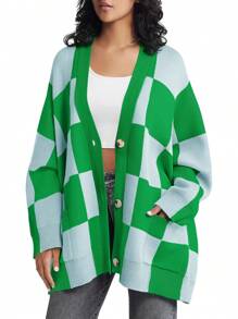 Womens Checkered Sweater Color Block Plaid Oversized Cardigan Long Sleeve V Neck Button Down Knit Coats - Green - View 4