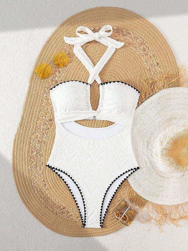 1 Stück Badeanzug mit Trägerkragen, Kreuzdetail vorne und Blumenbesatz, für Sommer Strandurlaub