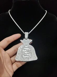 1 件时尚创意美元钱袋形吊坠项链，男女通用嘻哈复古项链，适合派对和日常佩戴，2 种链条款式可选 - 銀色 - 查看 6