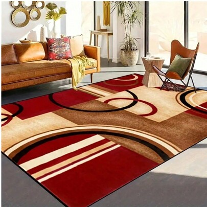 1pc Red Geometric Print Anti-Slip Carpet, Modern Abstract Color Block Box Line Soft Area Rug, Easy To Clean And Machine Washable ,Room Decor