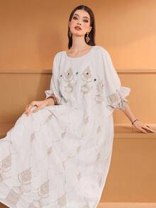 女士手工镶嵌宝石和刺绣优雅花卉蕾袖阿拉伯长袍 - 米色 - 查看 9