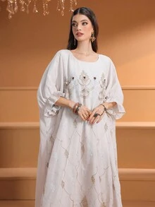 女士手工镶嵌宝石和刺绣优雅花卉蕾袖阿拉伯长袍 - 米色 - 查看 4