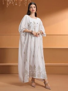 女士手工镶嵌宝石和刺绣优雅花卉蕾袖阿拉伯长袍 - 米色 - 查看 7