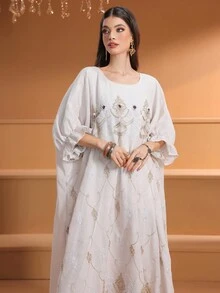 女士手工镶嵌宝石和刺绣优雅花卉蕾袖阿拉伯长袍 - 米色 - 查看 8