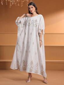 女士手工镶嵌宝石和刺绣优雅花卉蕾袖阿拉伯长袍 - 米色 - 查看 5