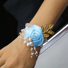 1pc Bride/Bridesmaid Burgundy Faux Rose Bead & Golden Leaf Wrist Corsage, Wedding/Party/Valentine's Day Decoration