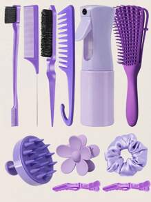 11pcs Hair Brush Set, Hair Brushes For Women Wet Dry All Hair Detangling Parting Styling, 200ml Continuous Spray Bottle, Premium Wide Tooth Comb, Scalp Massager Shampoo Brush, Brush Set With Detangler Brush, Edge Brush, Teasing Brush, Rat Tail Comb, Flower Hair Clip, 2 Alligator Hair Clips And Hair Tie