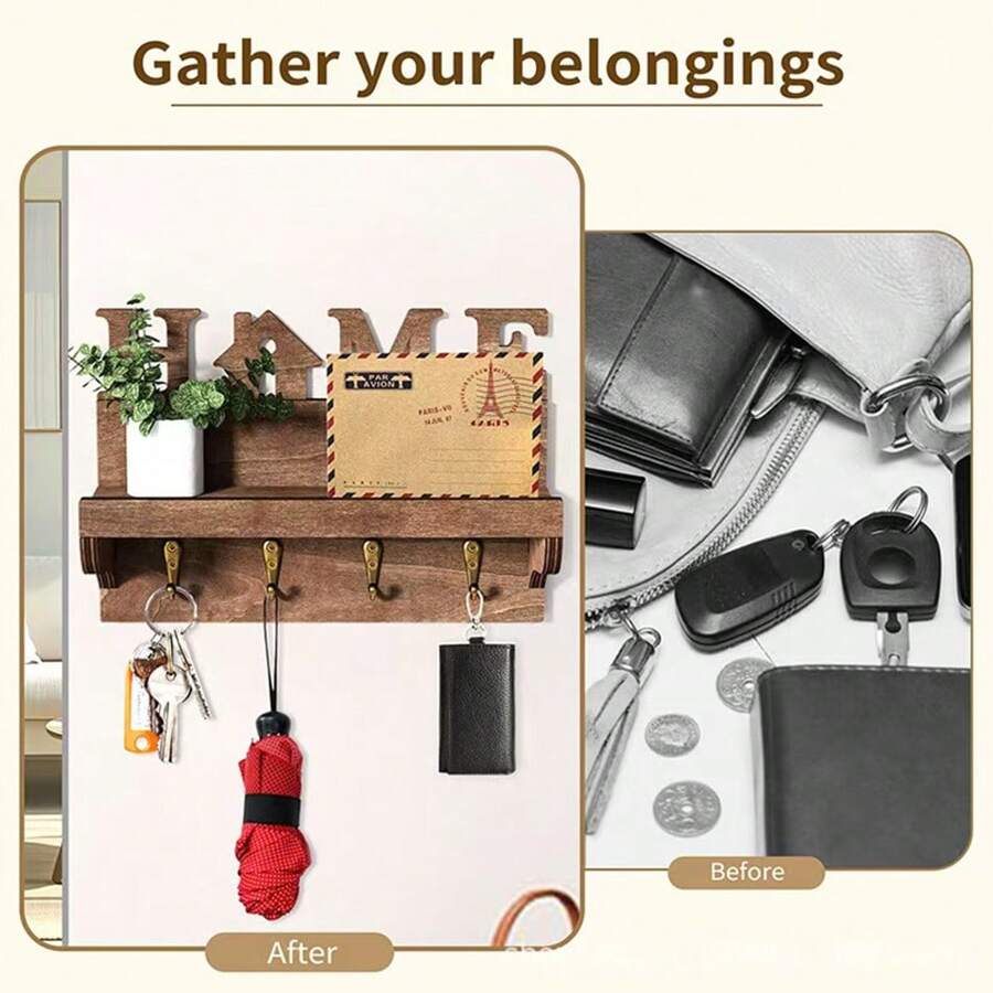 复古木质壁挂式钥匙架，安装简便 - 装饰性钥匙挂钩，时尚玄关收纳架，带信件和邮件整理功能