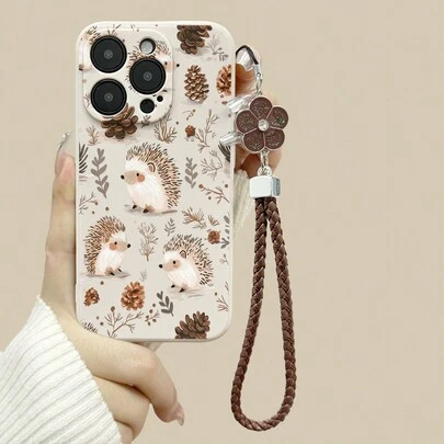 刺猬与松果卡通彩绘挂绳设计米色手机壳，带挂绳，科技感十足，简约防刮加厚保护套，印花设计，兼容、Redmi 10、Redmi Note 114G、Redmi 11Lite、A53TPU、A14/A23/S23 Ultra、S24、A14、A15、S23、A73、A15、A34等机型，防水防震防摔，国际版，非国内版。