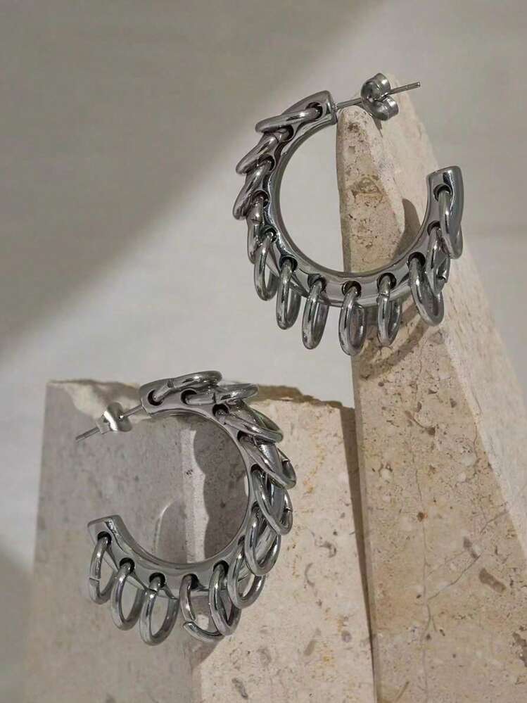 Nouvelles boucles d'oreilles à anneaux à la mode avec chaîne à franges en acier inoxydable pour femmes. Boucles d'oreilles à anneaux épaisses en acier inoxydable de ton double punk cool, accessoire de bijoux - Multicolore - Voir 10
